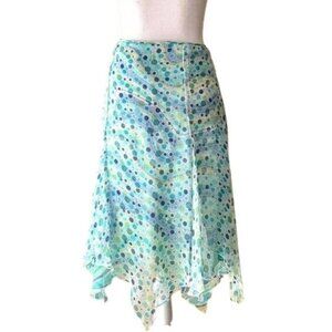 Sport Collection Silk Chiffon Midi Skirt 6 Blue Green Multidots Handkerchief Hem